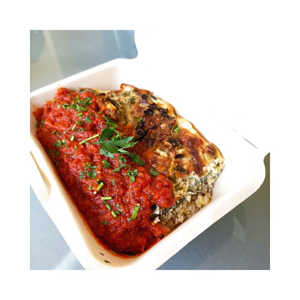 Clafoutis Courgette Chèvre  , Quinoa , Sauce Tomate (vege)