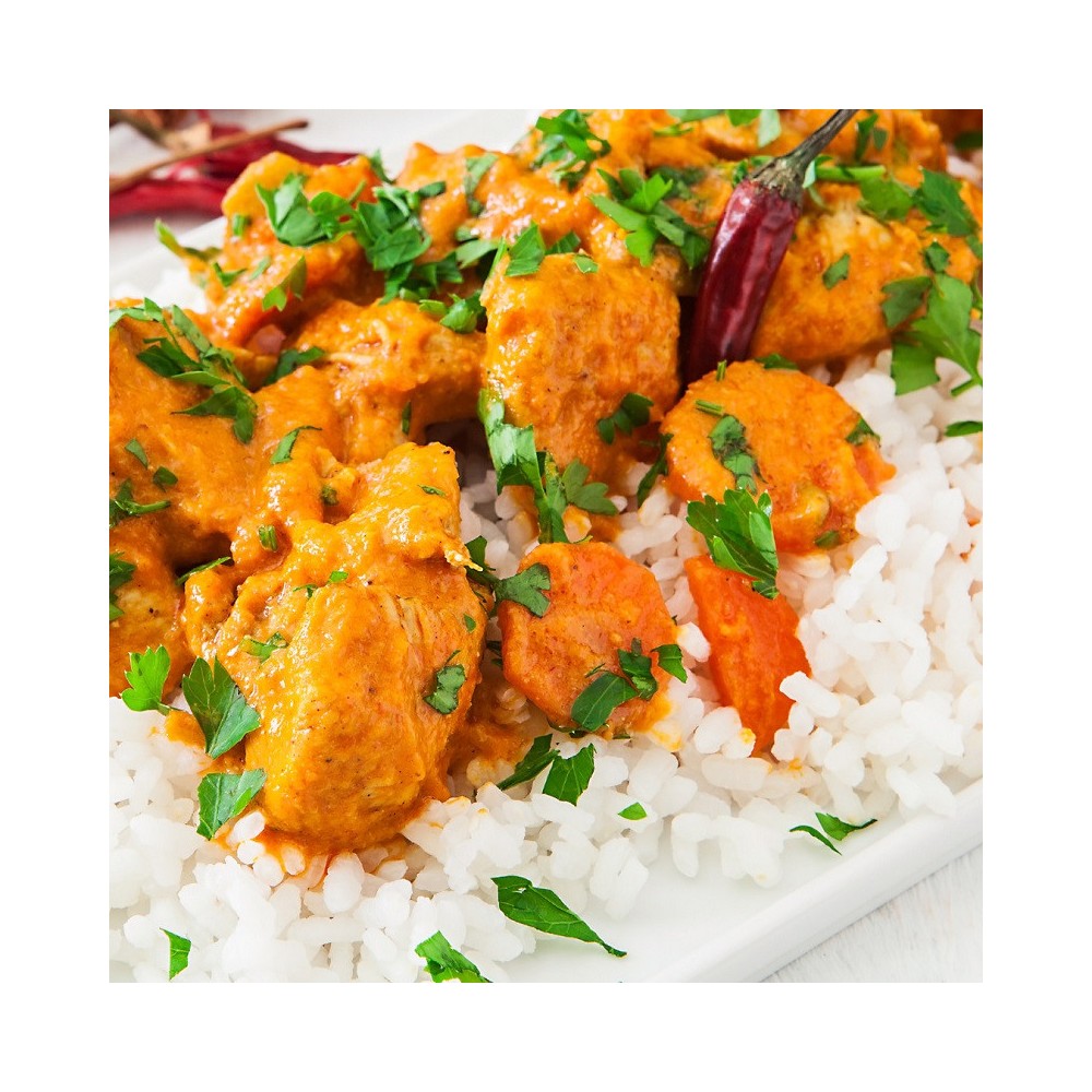 Poulet au Curry Doux , Epinard, Riz Basmati, Fruits Secs