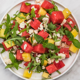 Salade Melon Pasteque Concombre, Céréales, Féta, Bacon, graines