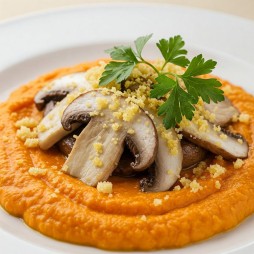 Fricassée de Champignon  et son crumble graines et parmesan- Purée de  Carotte (végé)