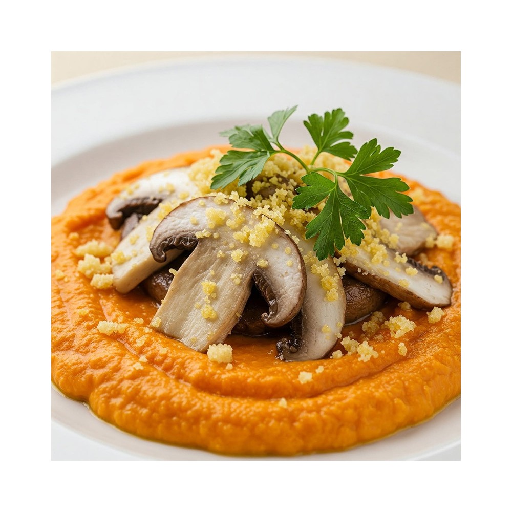 Fricassée de Champignon  et son crumble graines et parmesan- Purée de  Carotte (végé)