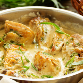 Poulet à la crème Estragon, Pâtes,Fèves, Parmesan