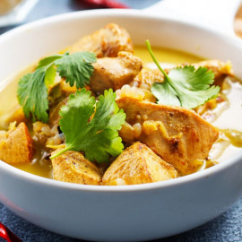 Poulet Coco coriandre, Poivron et Oignon  Rouge, Riz Basmati