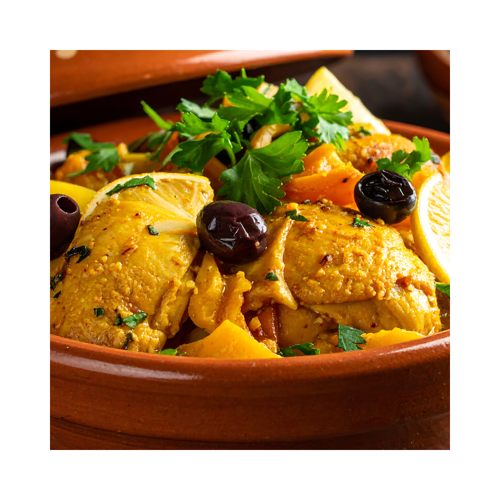 Tajine de Poulet au Citron Confit , Courgettes, Olives, Semoule, Persil