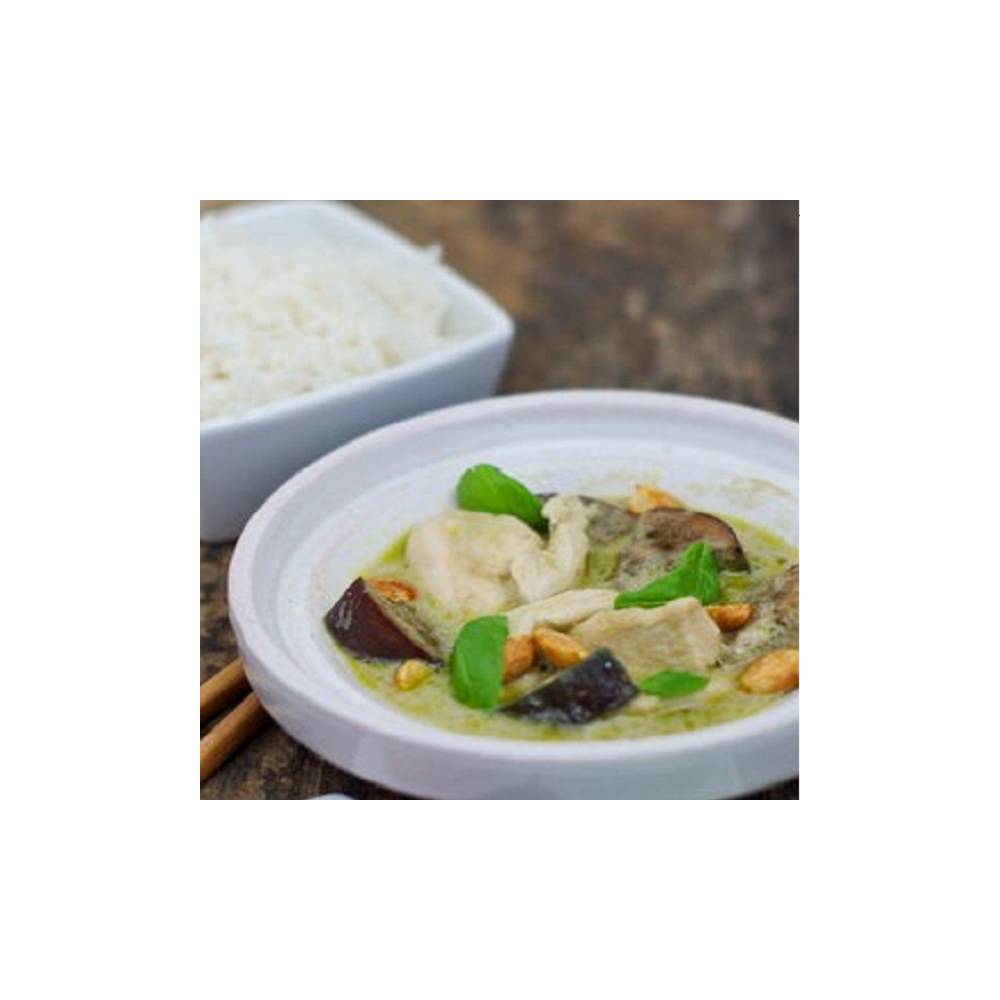 Curry Vert , Riz Basmati, Aubergine Grillée, chou fleur, Epinard, Fruits secs (végé)