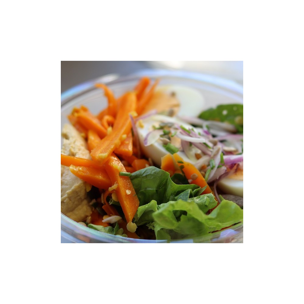 Salade Oeuf dur, Carotte au Gingembre, Patate douce , Lentille Corail, Houmous, Graines ( Végé)
